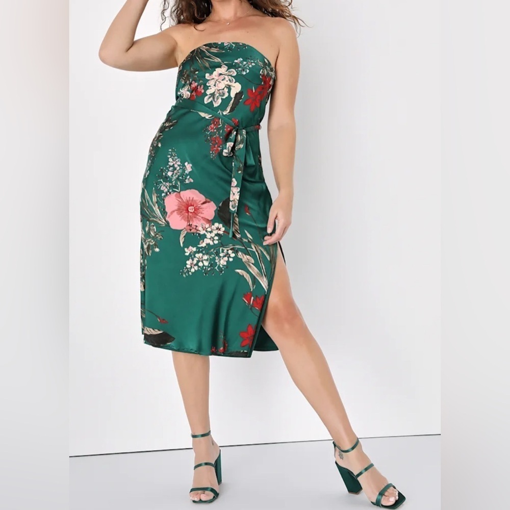 Lulus Floral Print Satin Strapless Green Midi Dress Size S
